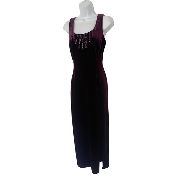90s Y2K Velvet Purple Sequin Beaded Maxi prom Dress | MEDIUM - Picture 3 of 7